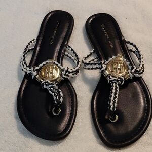 Tommy Hilfiger Black and White Sandals with Gold Accents